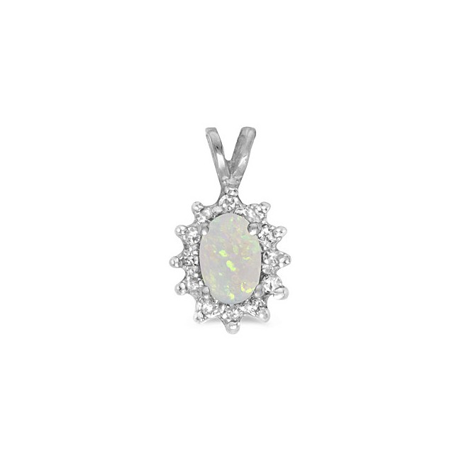 14k White Gold Oval Opal And Diamond Pendant
