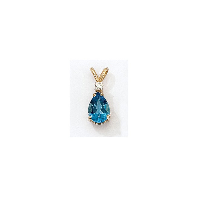 14K Yellow Gold Pear Blue Topaz and Diamond Pendant