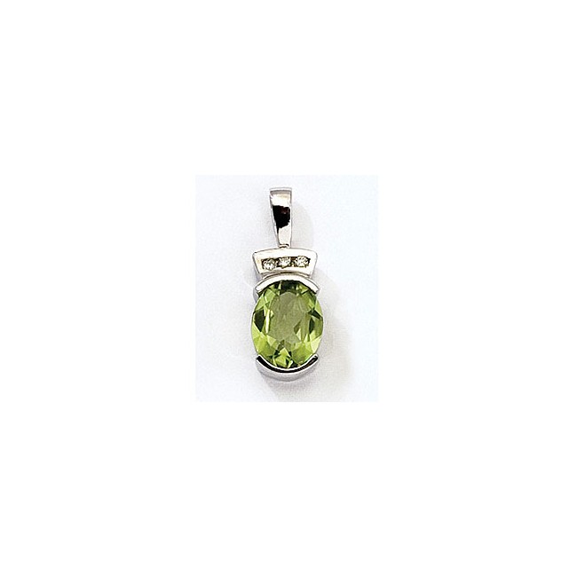 14K White Gold Oval Peridot and Diamond Pendant