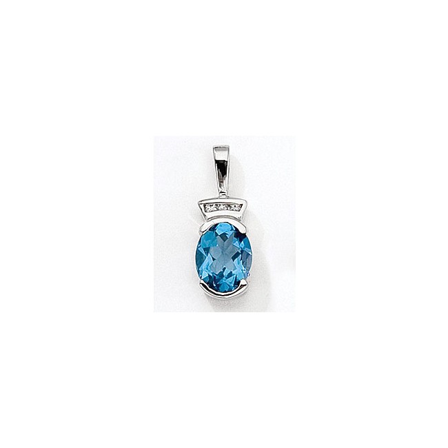 14K White Gold Oval Blue Topaz and Diamond Pendant