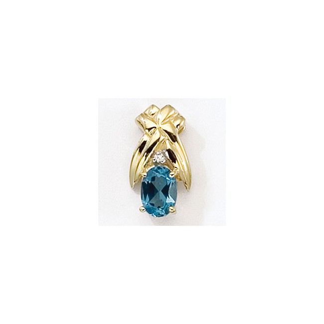 14K Yellow Gold Oval Blue Topaz and Diamond Pendant