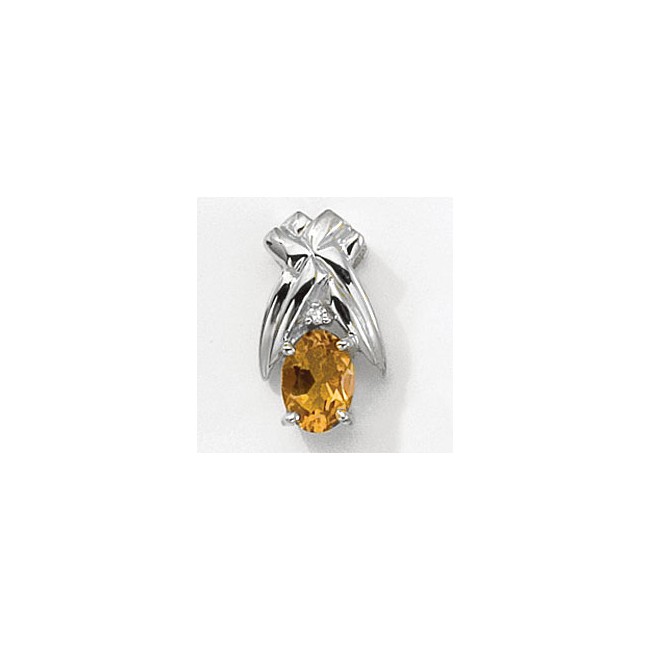 14K White Gold Oval Citrine and Diamond Pendant