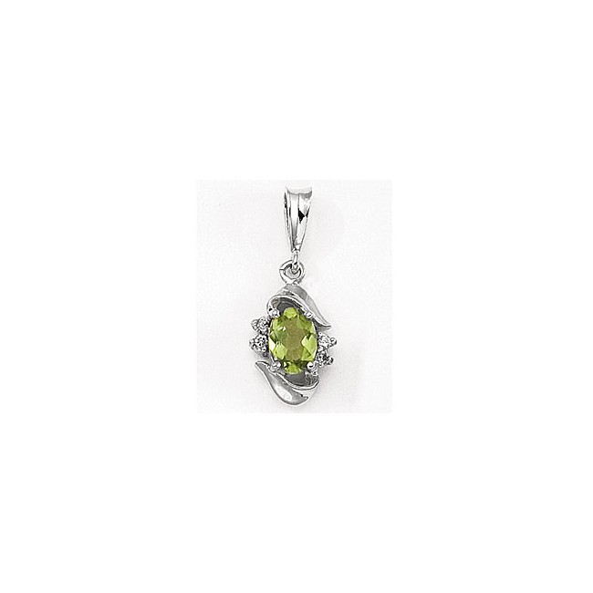 14K White Gold Oval Peridot and Diamond Pendant