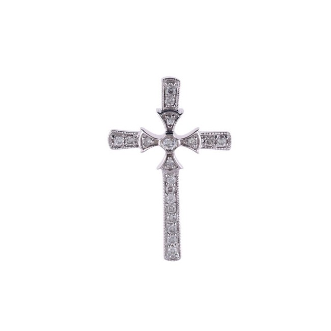 14K White Gold .20 Ct Diamond Byzantine Cross Pendant