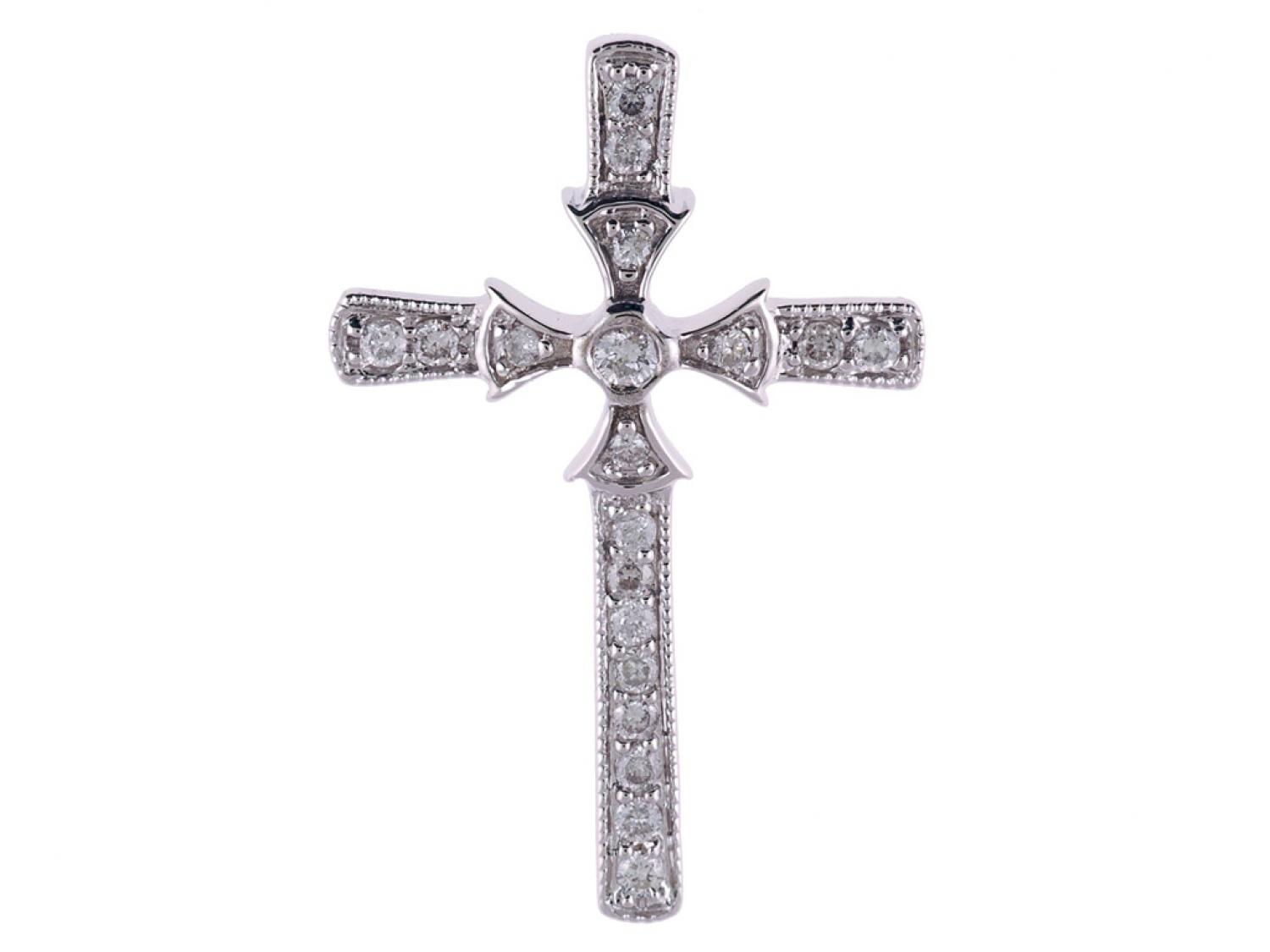 14K White Gold .20 Ct Diamond Byzantine Cross Pendant