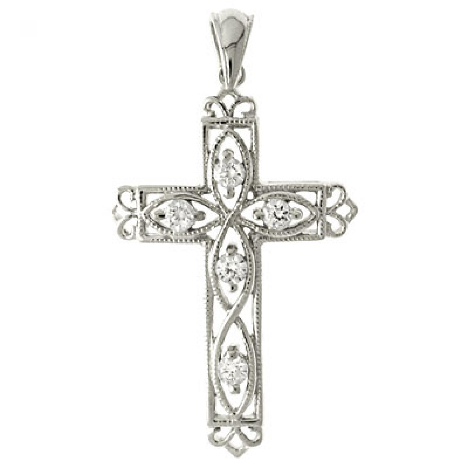 14K White Gold .25 Ct Diamond Filigree Cross Pendant