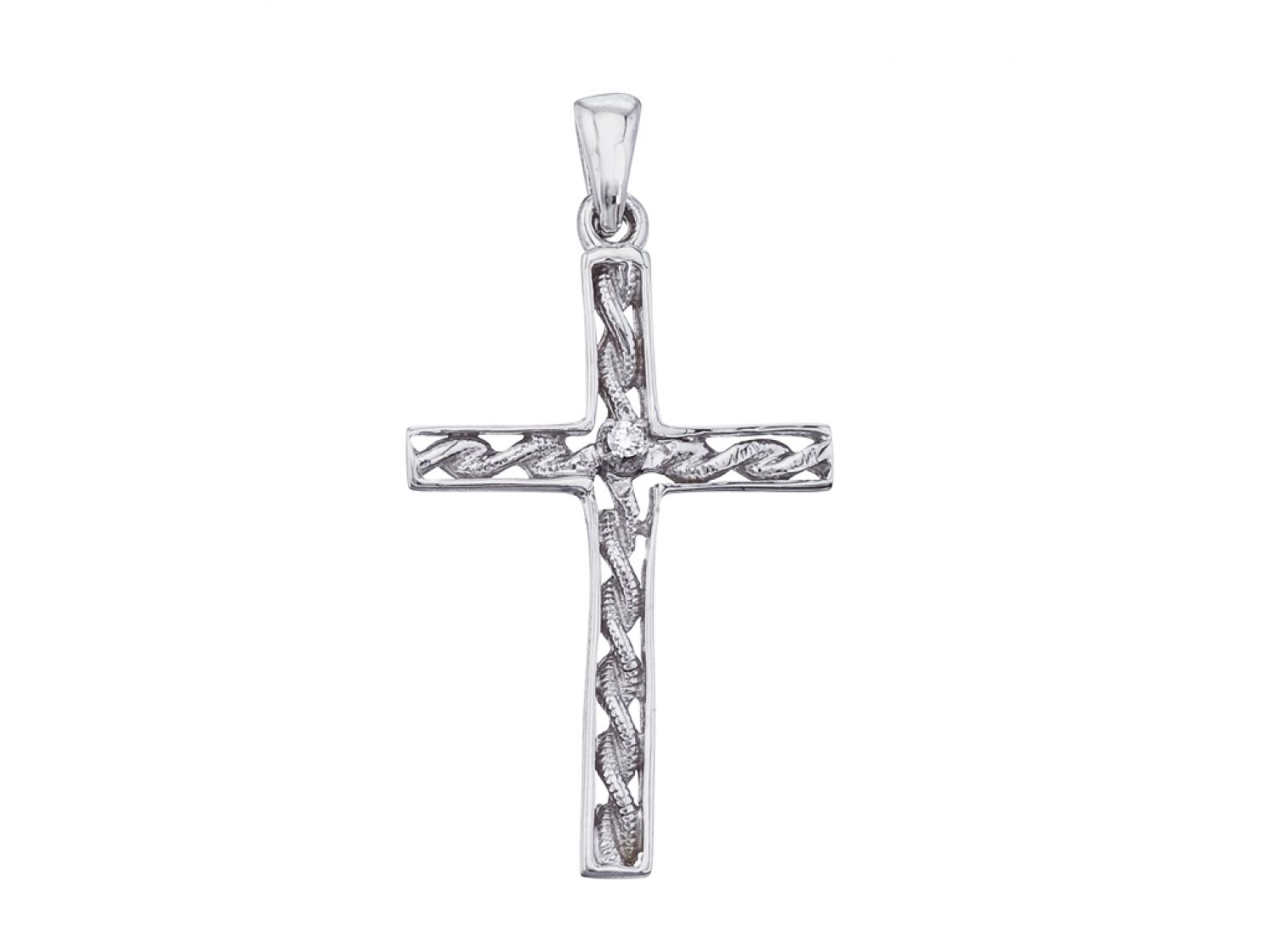 14K White Gold Braided Diamond Cross Pendant