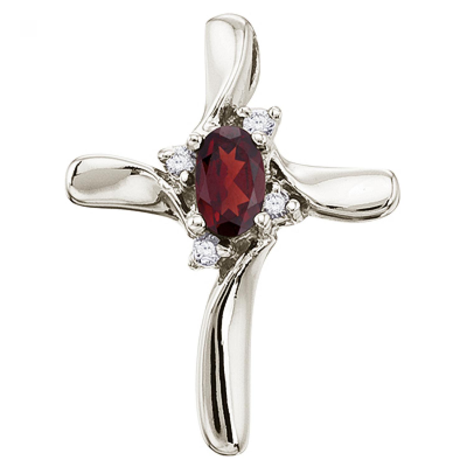 14K White Gold Oval Garnet and Diamond Cross Pendant