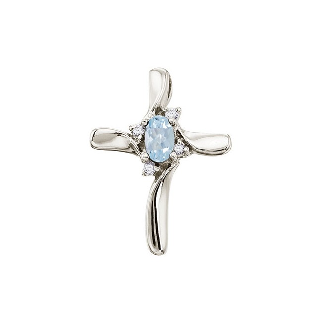 14K White Gold Oval Aquamarine and Diamond Cross Pendant