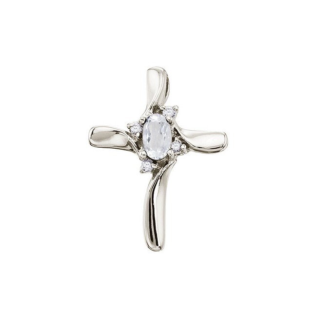 14K White Gold Oval White Topaz and Diamond Cross Pendant