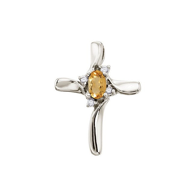 14K White Gold Oval Citrine and Diamond Cross Pendant