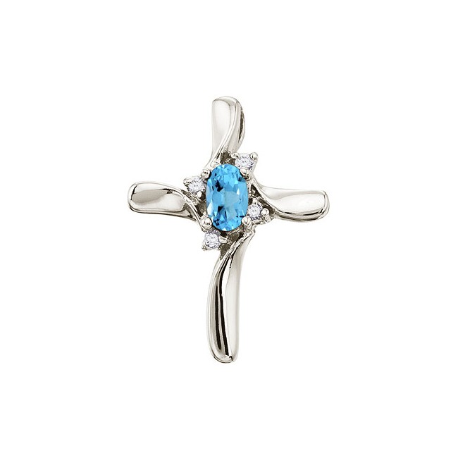 14K White Gold Oval Blue Topaz and Diamond Cross Pendant