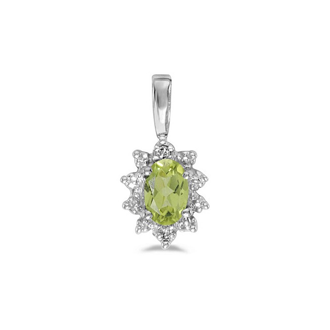 14k White Gold Oval Peridot And Diamond Pendant