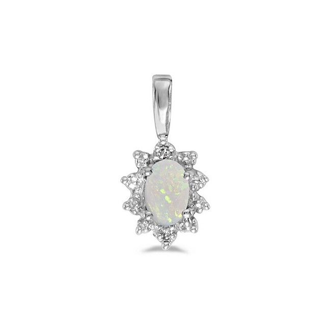 14k White Gold Oval Opal And Diamond Pendant