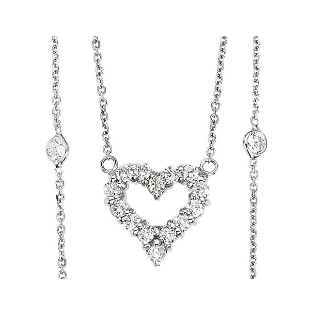 14K White Gold .95 Ct Diamond By The Yard Heart Pendant Necklace