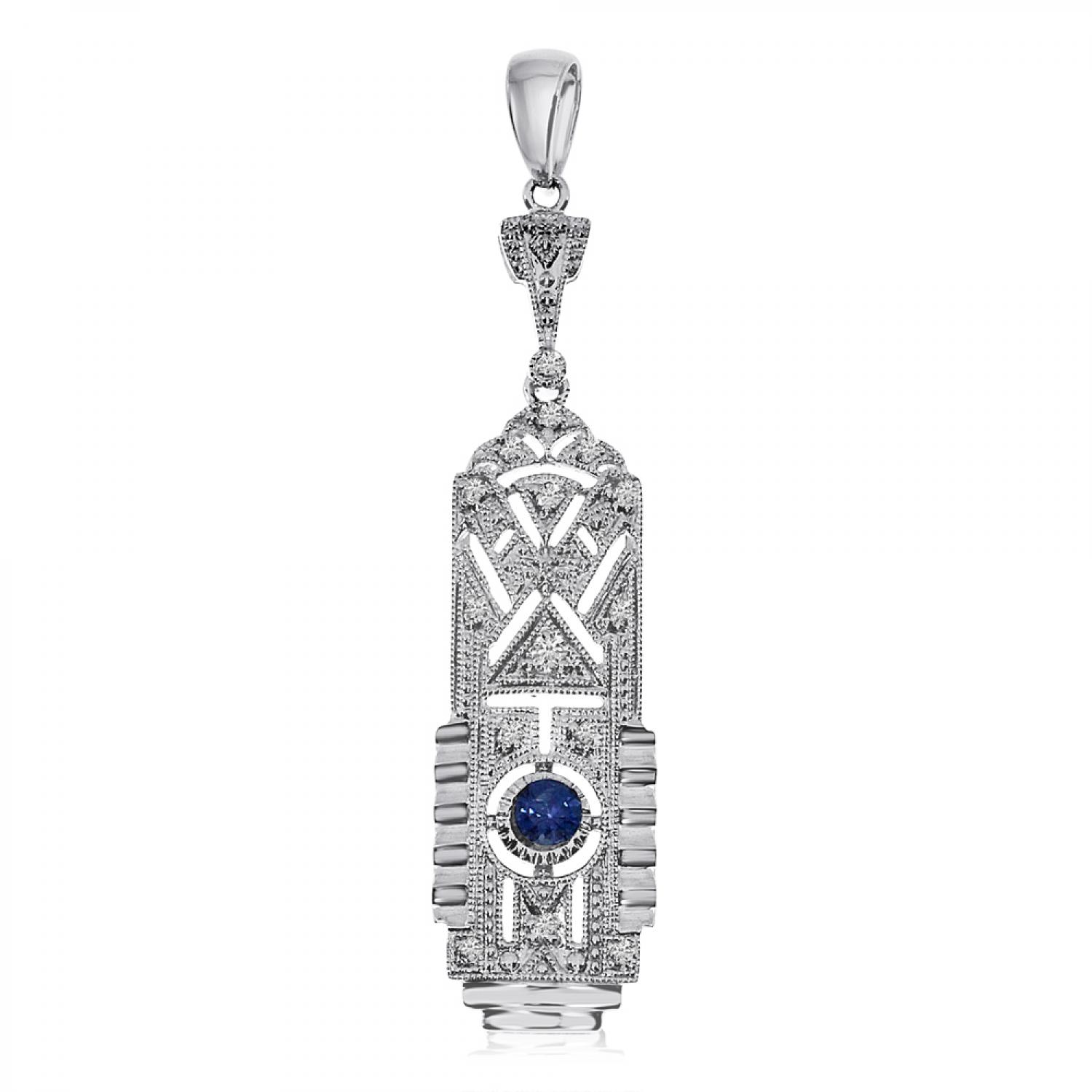 14K White Gold Precious Sapphire and Diamond Deco Fashion Pendant