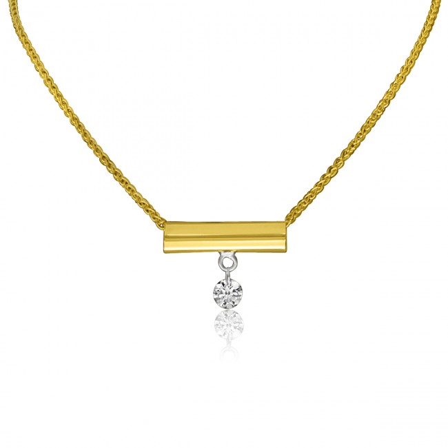 14K Yellow Gold Single Diamond Bar Dashing Diamond Fashion 18 inch Necklace
