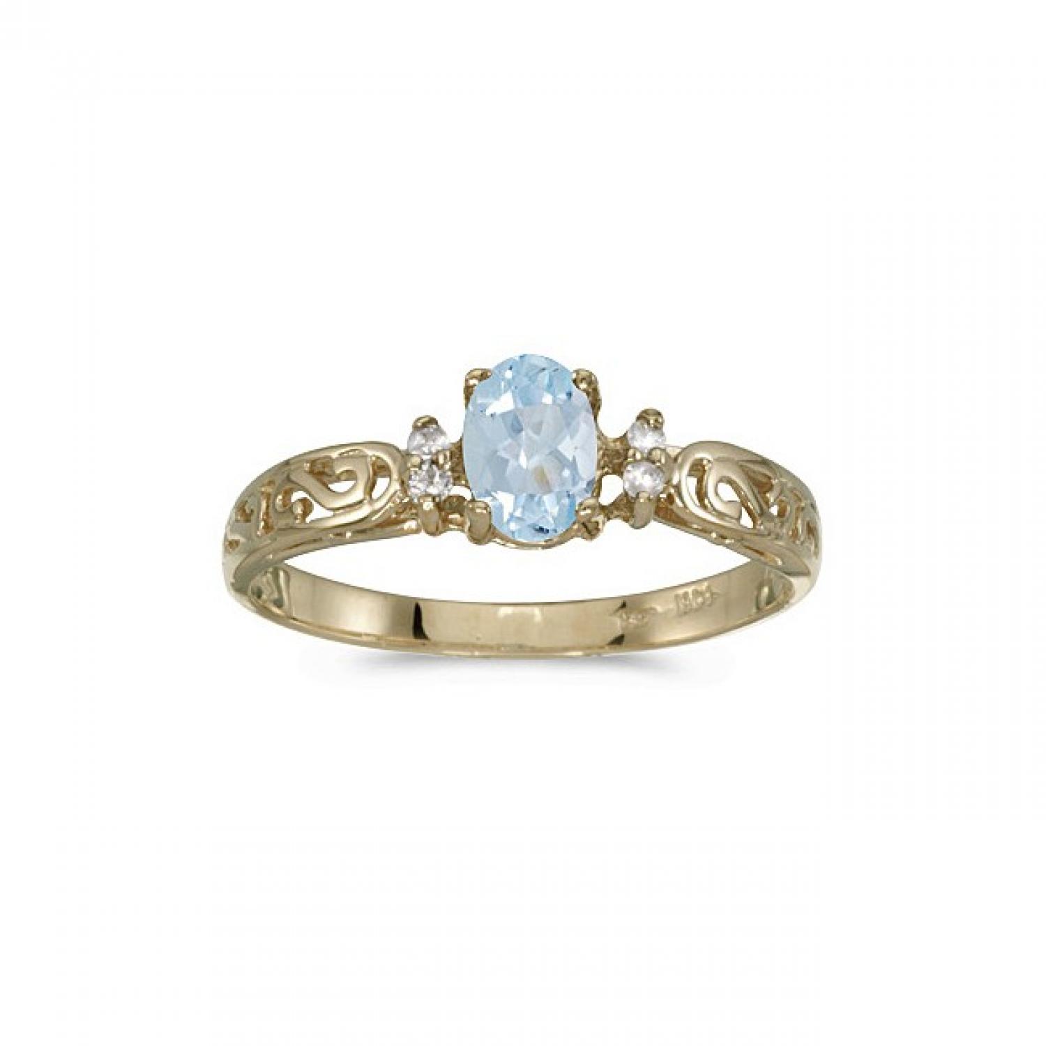 10k Yellow Gold Oval Aquamarine And Diamond Ring