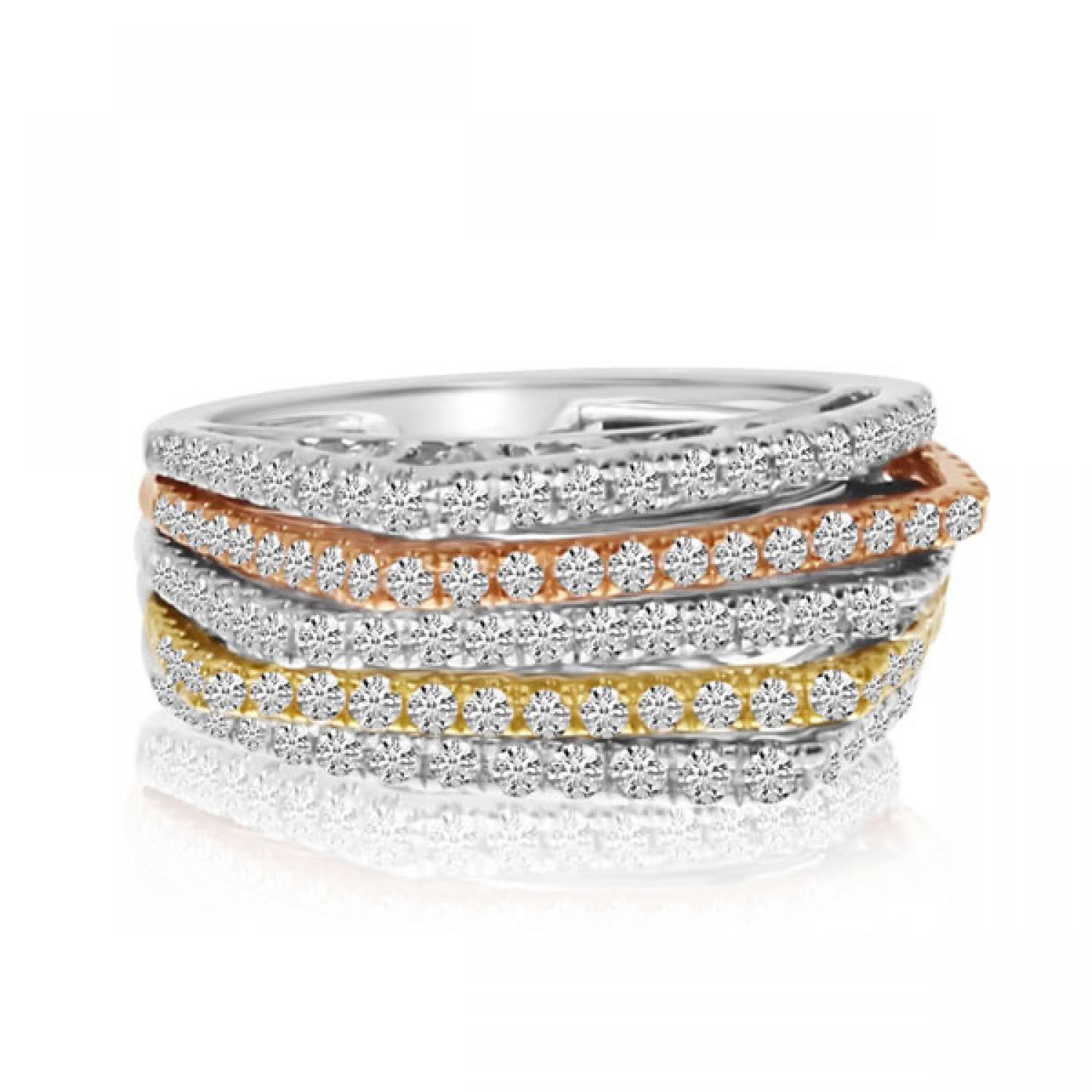 14K Tri Color Rose White and Yellow Gold 5 Row Diamond Fashion Ring