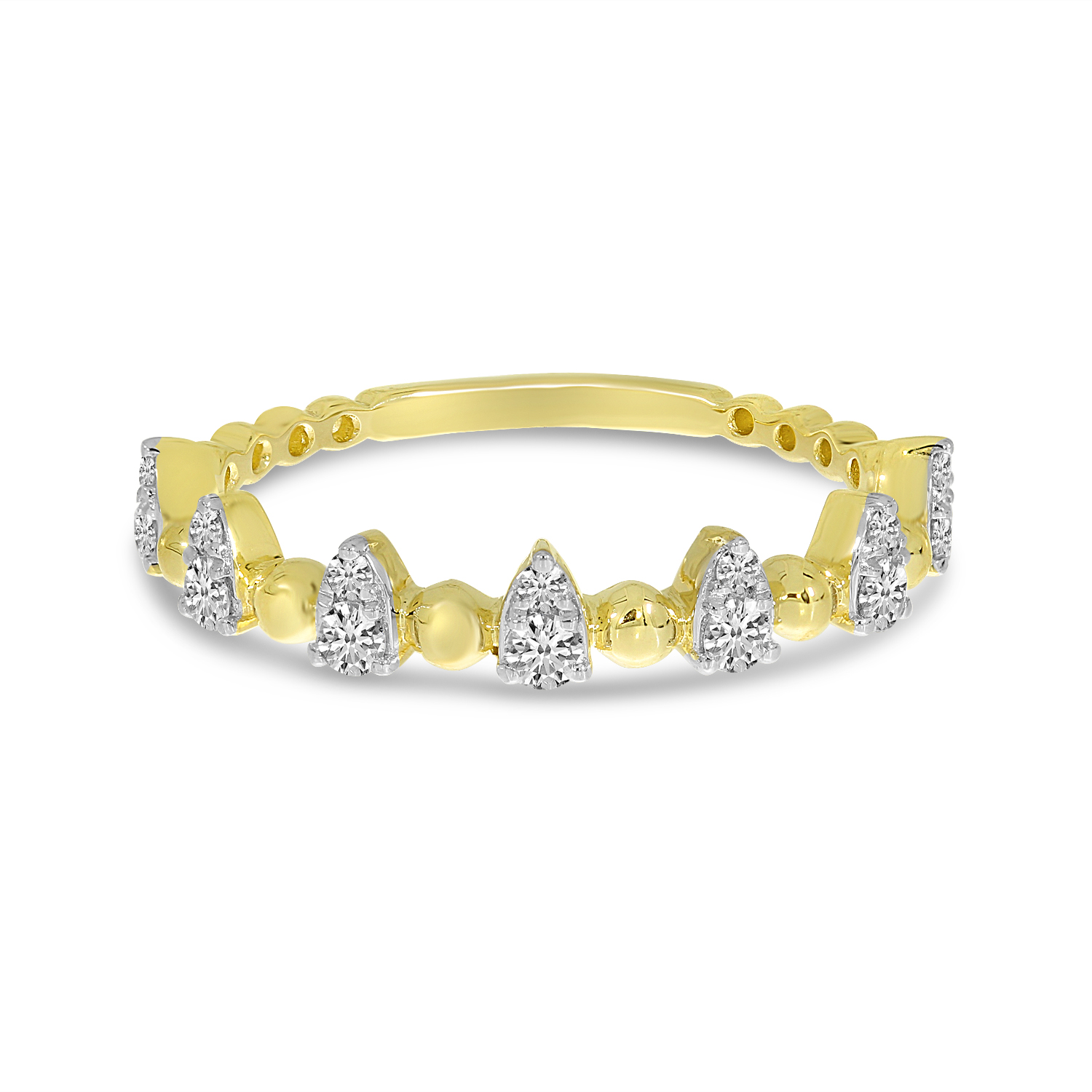 14K Yellow Gold Beaded Band Diamond Spike Ring
