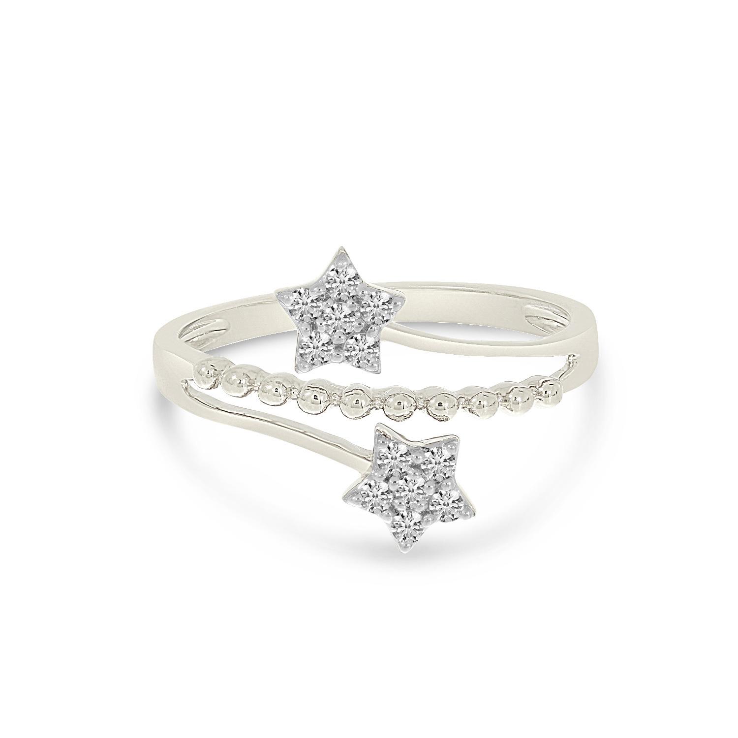 14K White Gold Double Diamond Star Beaded Ring