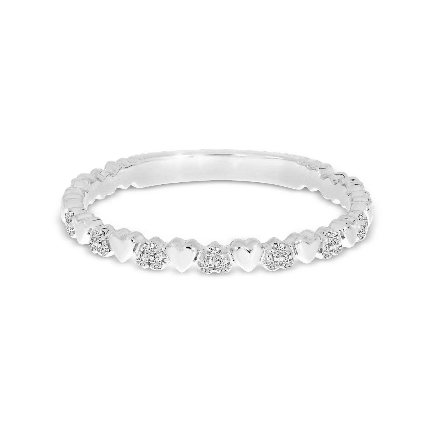 14K White Gold Alternating Diamond Heart Stackable Ring