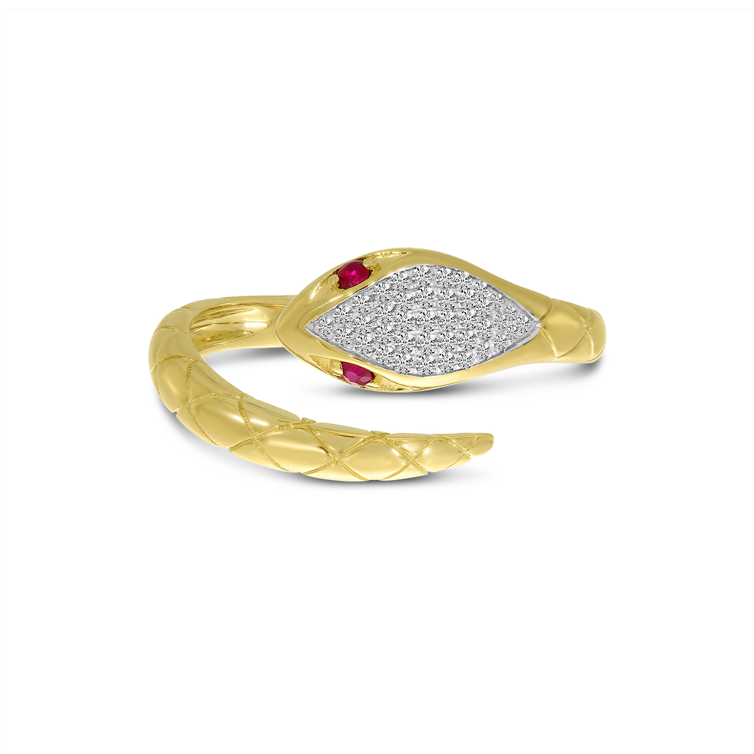 14K Yellow Gold Diamond Head Ruby Eyes Snake Ring