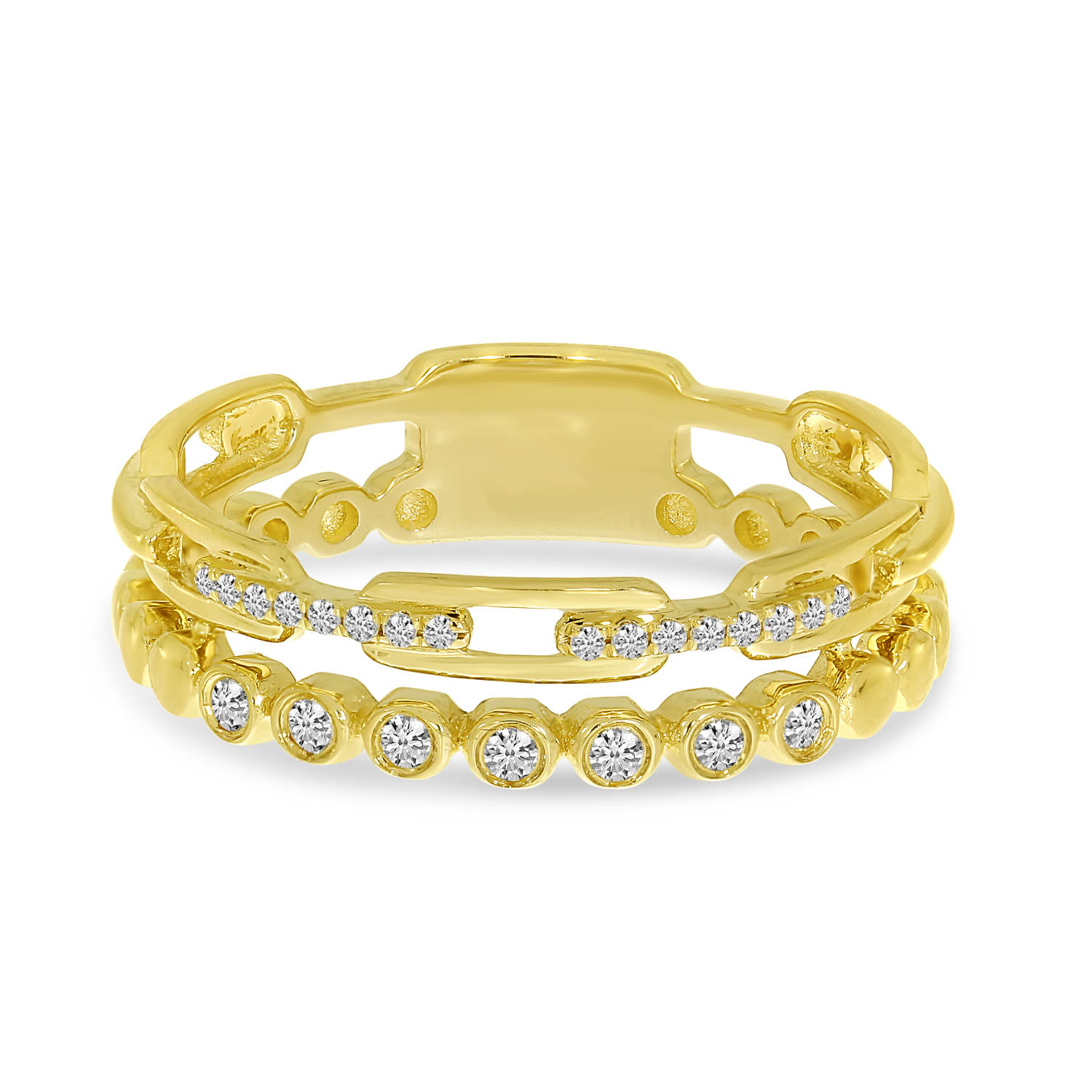 14K Yellow Gold Diamond Bezel & Link Double Row Ring