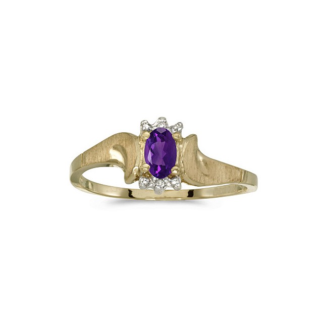 10k Yellow Gold Oval Amethyst And Diamond Satin Finish Ring