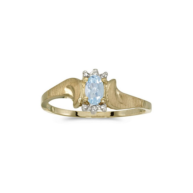 10k Yellow Gold Oval Aquamarine And Diamond Satin Finish Ring