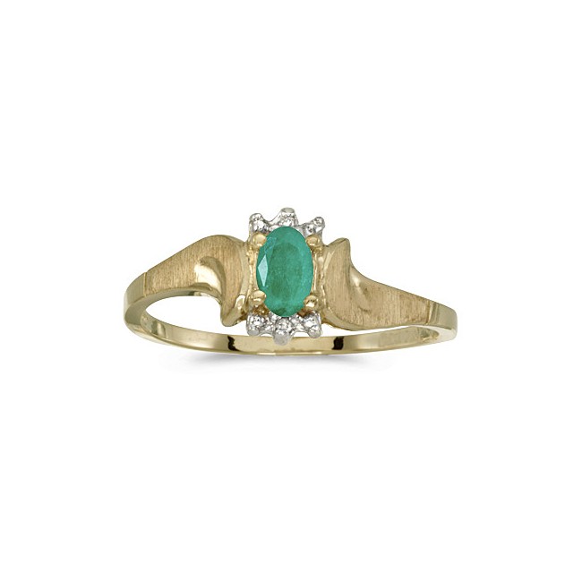 10k Yellow Gold Oval Emerald And Diamond Satin Finish Ring