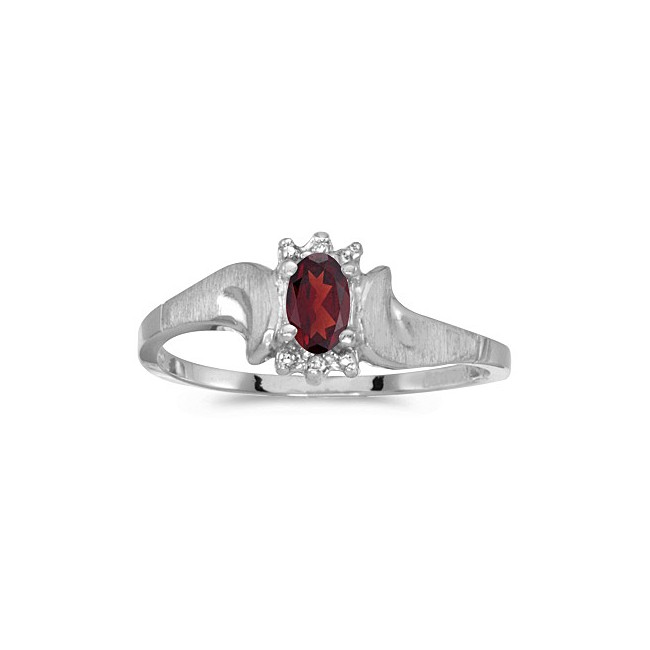 10k White Gold Oval Garnet And Diamond Satin Finish Ring