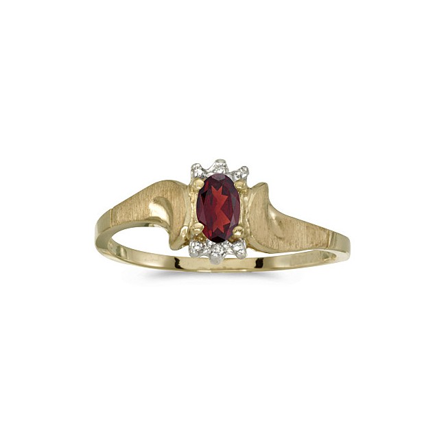 14k Yellow Gold Oval Garnet And Diamond Satin Finish Ring