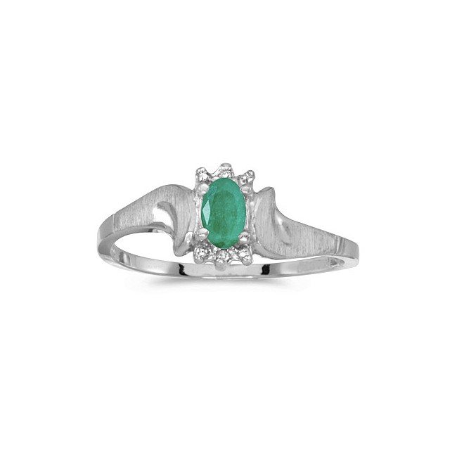 14k White Gold Oval Emerald And Diamond Satin Finish Ring