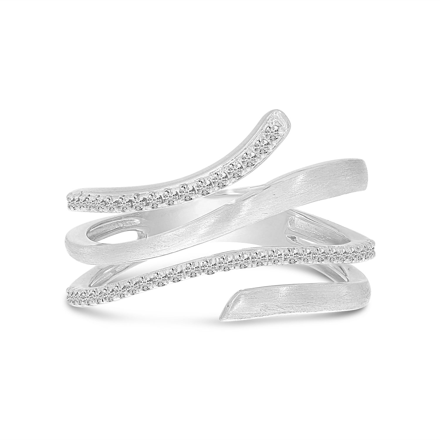 14K White Brushed Gold Diamond Stacked Band Ring