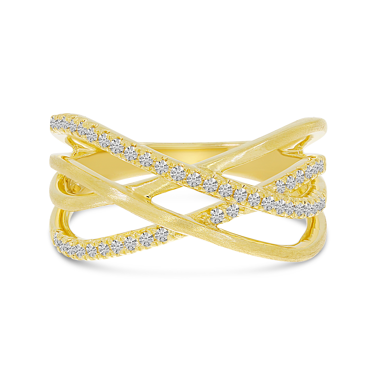 14K Yellow Brushed Gold Diamond Crossover Ring