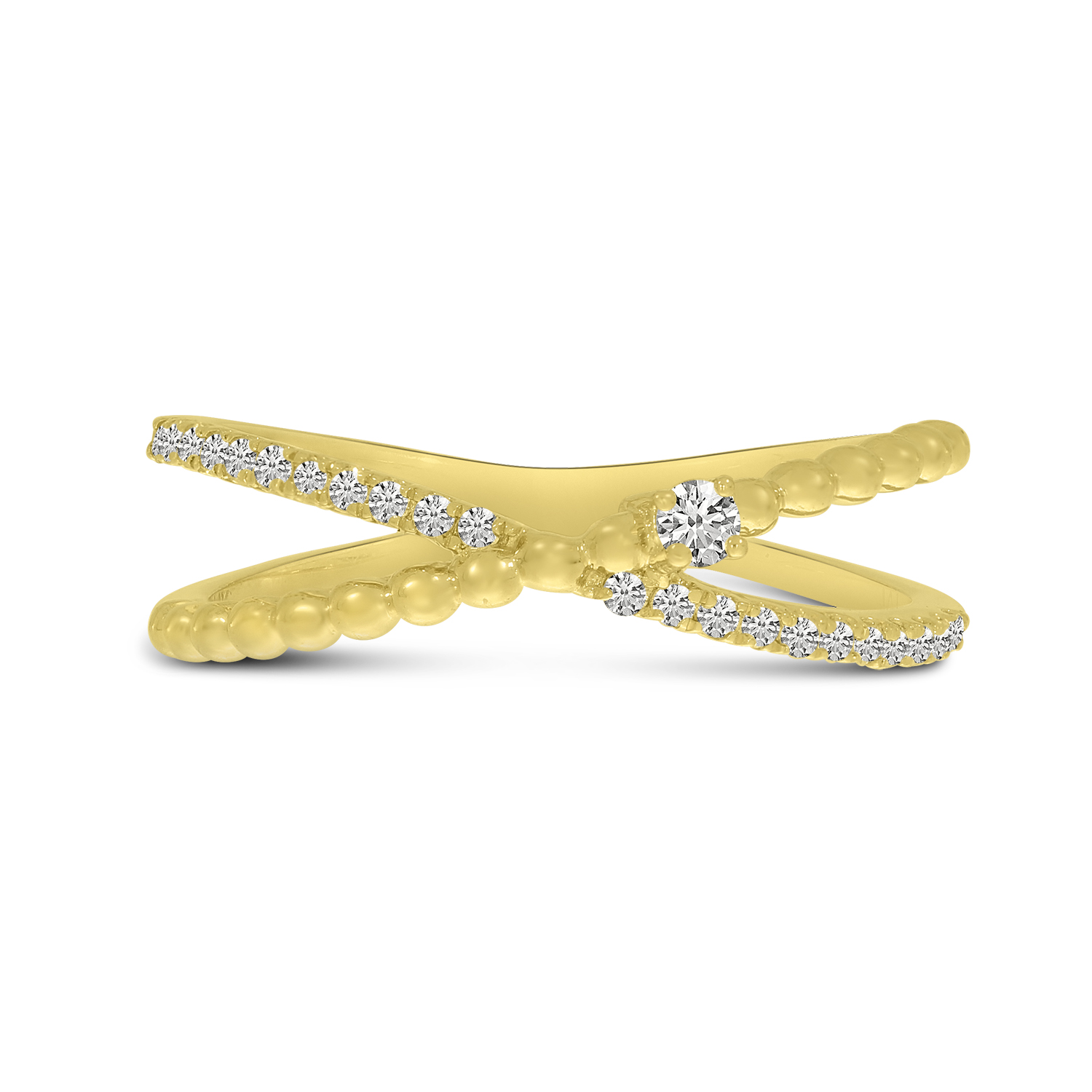 14K Yellow Gold Diamond Beaded Crossover Band Ring