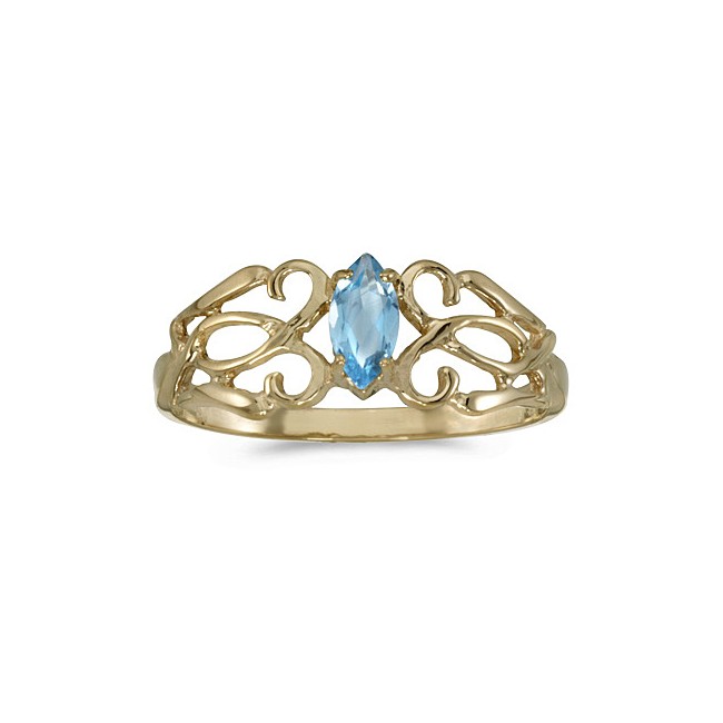 10k Yellow Gold Marquise Blue Topaz Filagree Ring