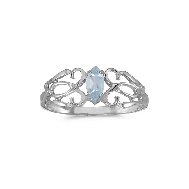 14k White Gold Marquise Aquamarine Filagree Ring