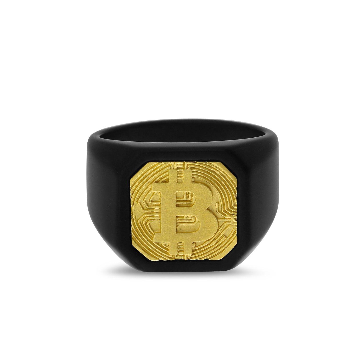 14K Yellow Gold Men\'s Bitcoin Ceramic Ring