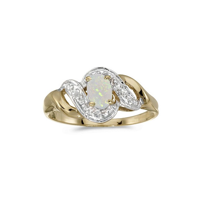 10k Yellow Gold Oval Opal And Diamond Swirl Ring
