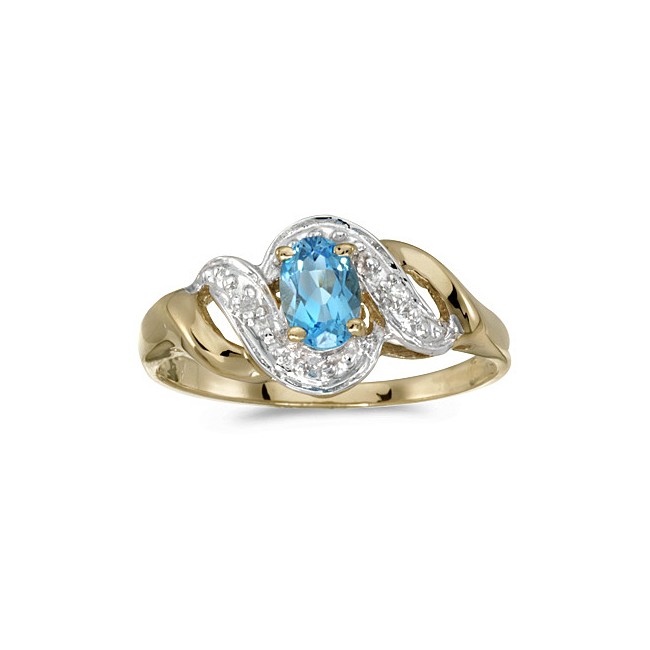 10k Yellow Gold Oval Blue Topaz And Diamond Swirl Ring