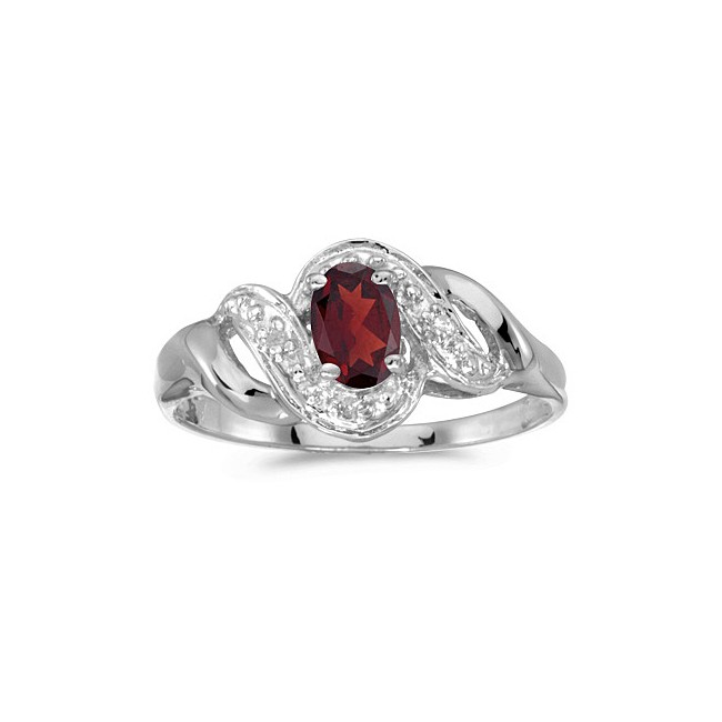 10k White Gold Oval Garnet And Diamond Swirl Ring