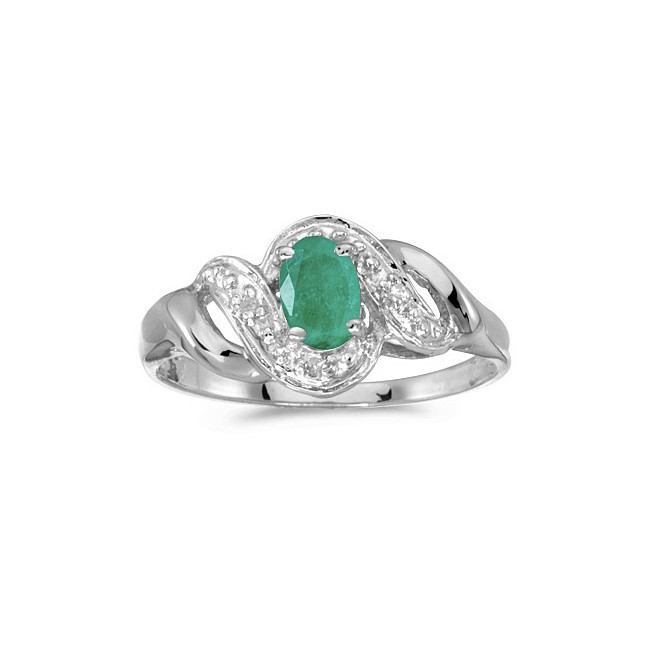 14k White Gold Oval Emerald And Diamond Swirl Ring