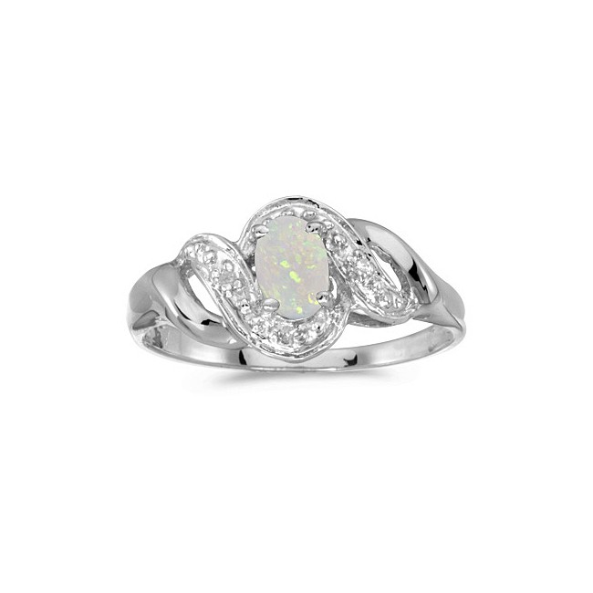 14k White Gold Oval Opal And Diamond Swirl Ring