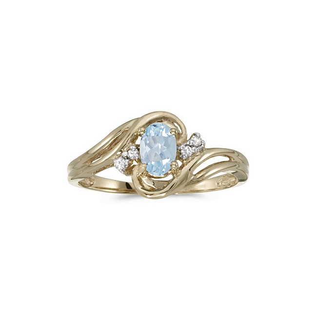 10k Yellow Gold Oval Aquamarine And Diamond Ring