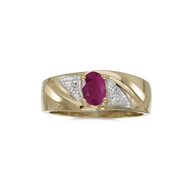 10k Yellow Gold Oval Ruby And Diamond Gents Ring