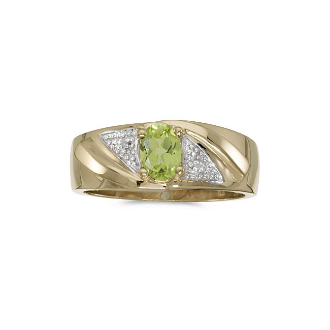 10k Yellow Gold Oval Peridot And Diamond Gents Ring