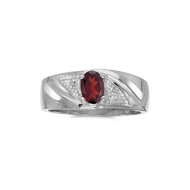 14k White Gold Oval Garnet And Diamond Gents Ring