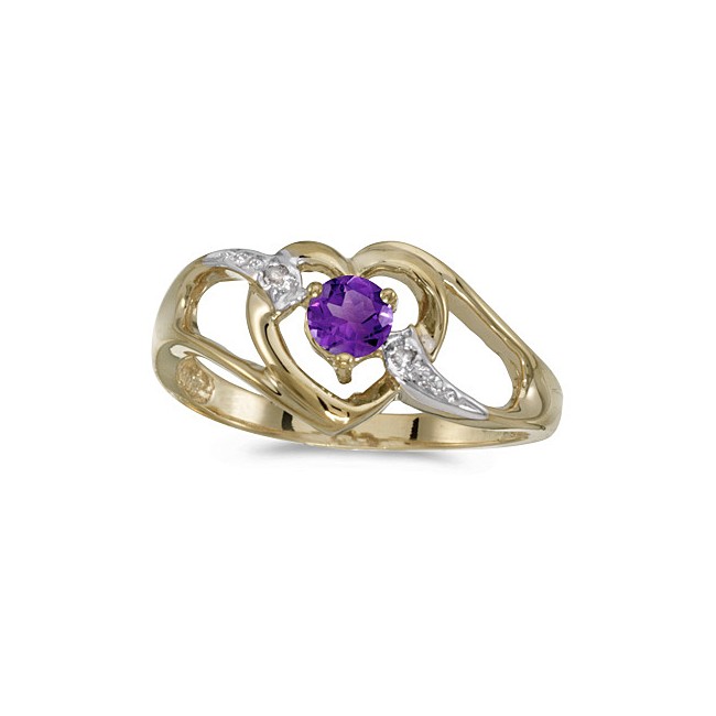 10k Yellow Gold Round Amethyst And Diamond Heart Ring